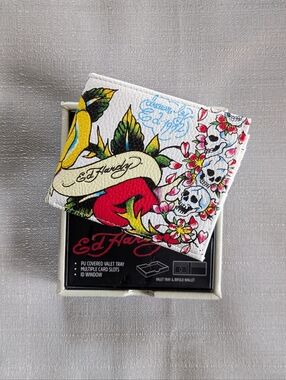 Ed Hardy Skull & Rose Tattoo Print Faux Leather Wallet NEW!